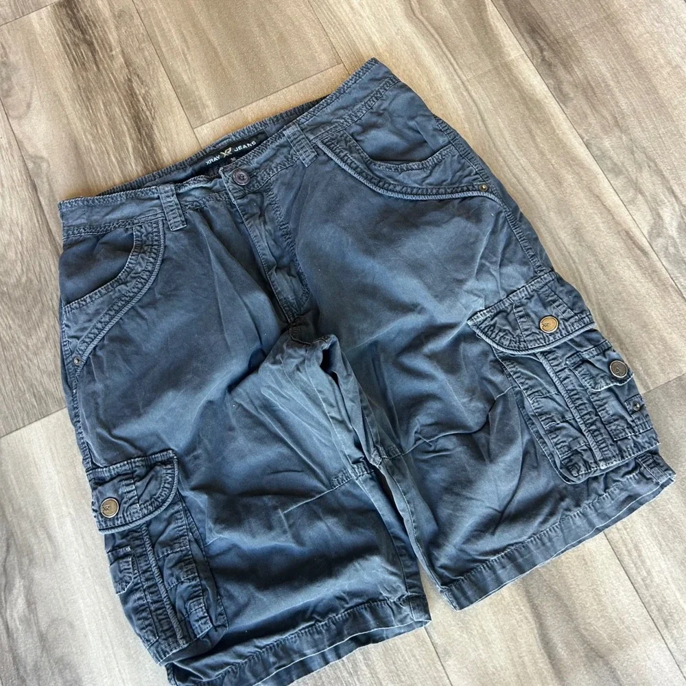 Xray Jeans Mens Cargo Shorts Navy Blue Faded Size 36 Multi Pocket Utility Casual